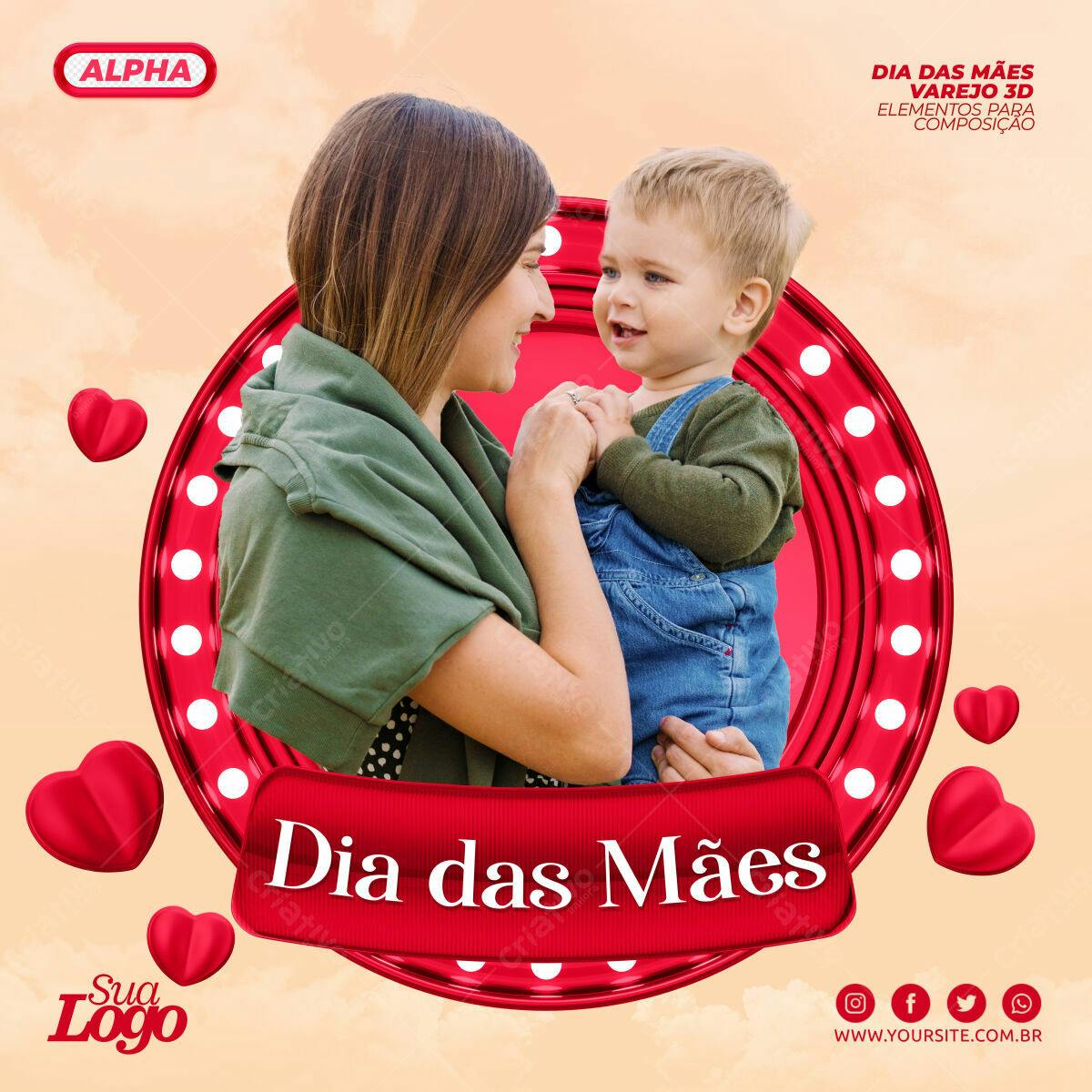 Selo 3D Dia das Mães Vermelho Metalizado