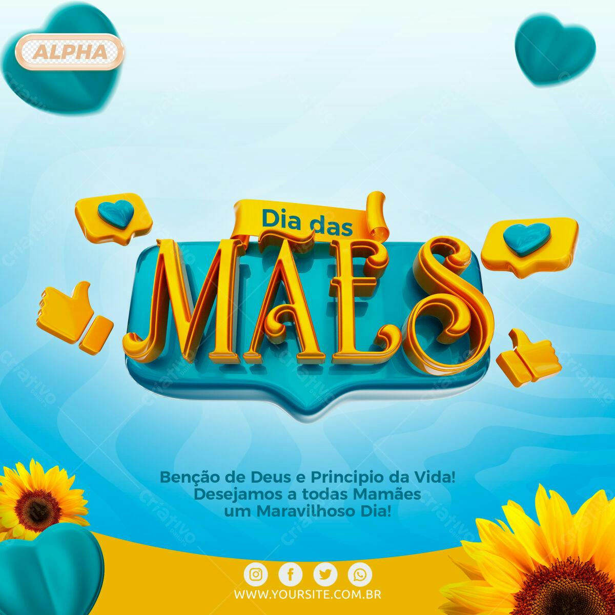 Selo 3D Dia das Mães dourado e azul