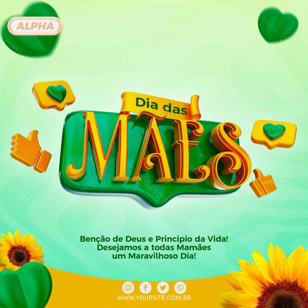 Selo 3D Dia das Mães dourado e verde
