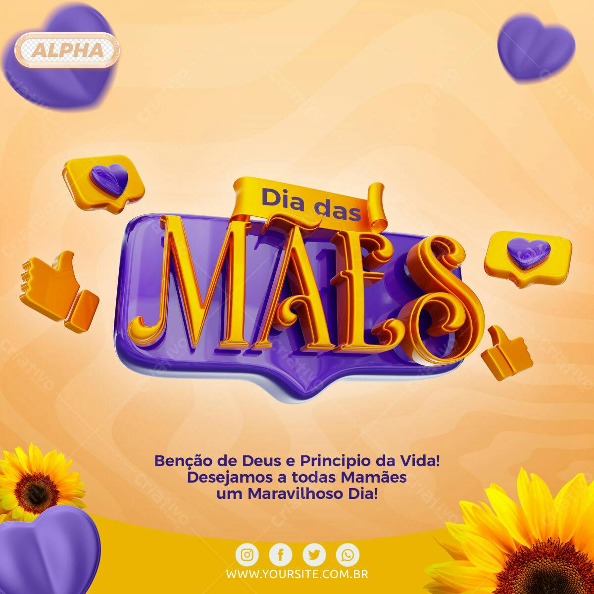 Selo 3D Dia das Mães dourado e roxo