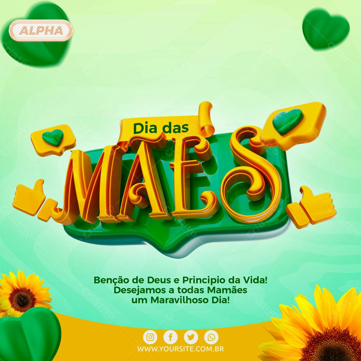 Selo 3D Dia das Mães dourado e verde