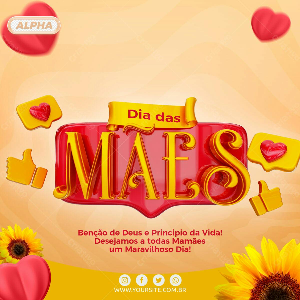 Selo 3D Dia das Mães Vermelho e Dourado