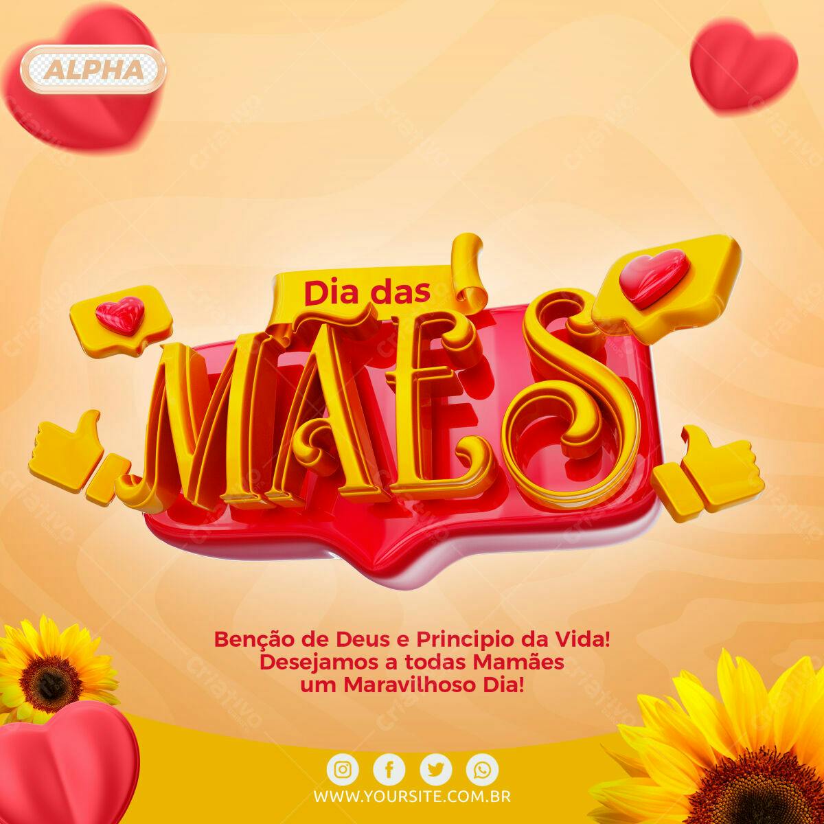 Selo 3D Dia das Mães dourado e vermelho