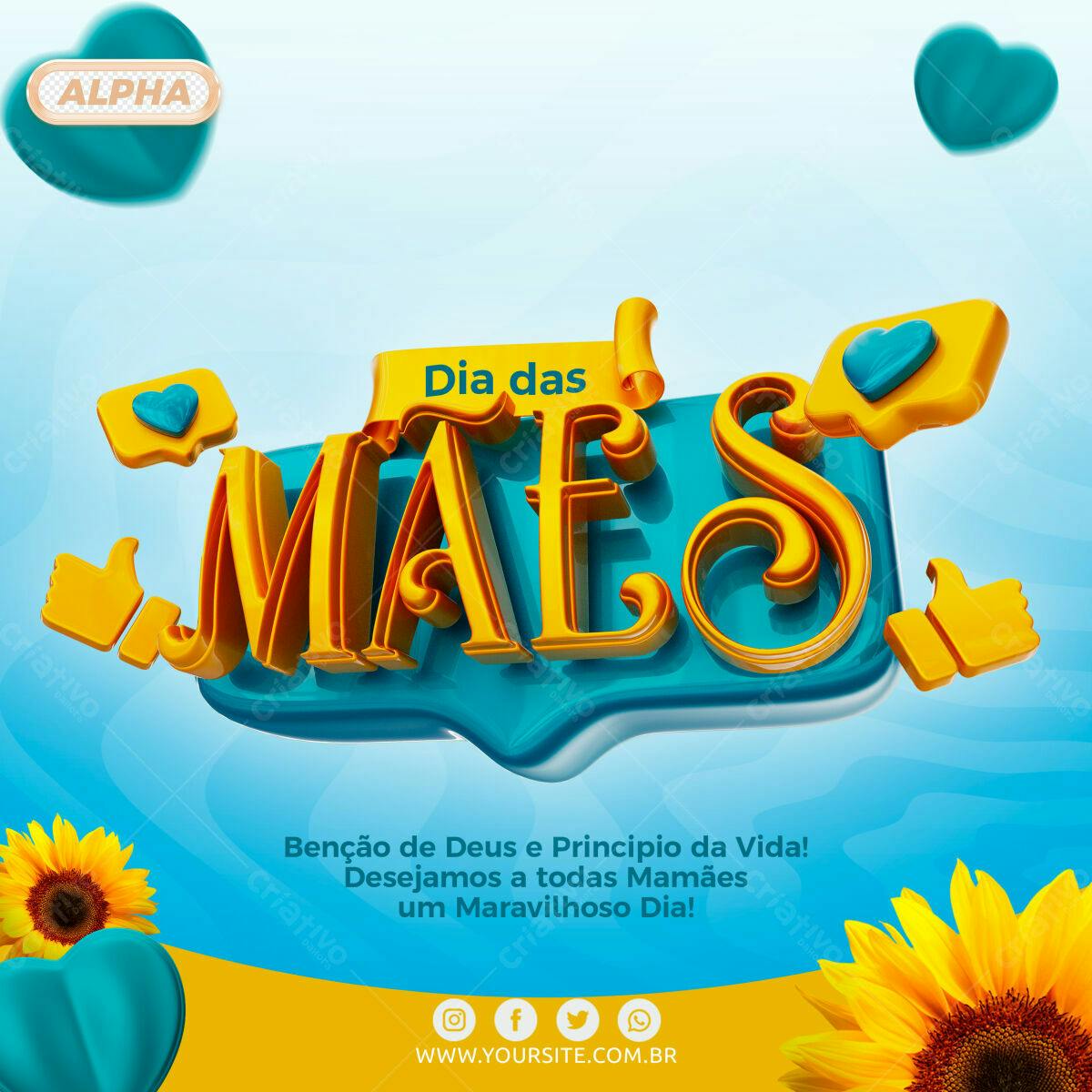 Selo 3D Dia das Mães dourado e azul