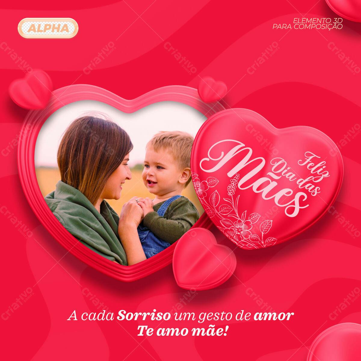 Selo 3D Dia das Mães coração vermelho