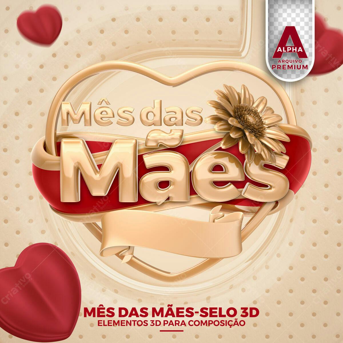 Selo 3D Dia das Mães dourado e vermelho