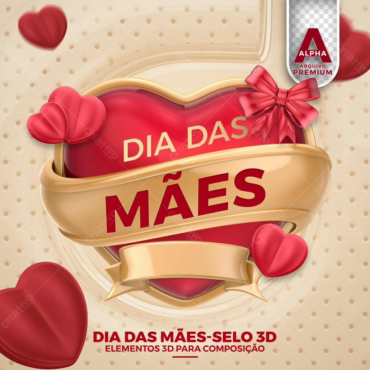 Selo 3D Dia das Mães dourado e vermelho