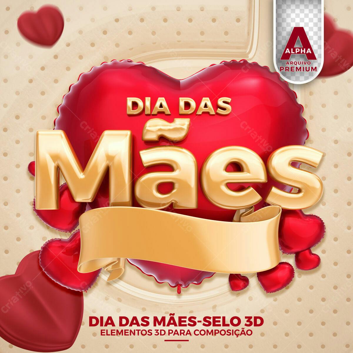 Selo 3D Dia das Mães dourado e vermelho