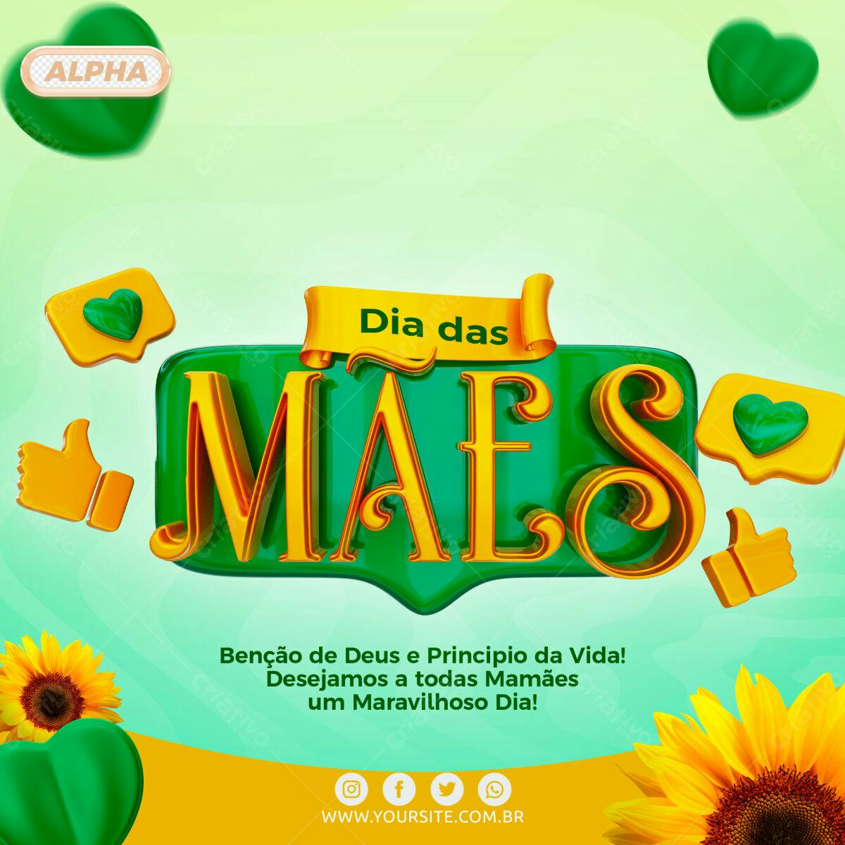 Selo 3D Dia das Mães dourado e verde