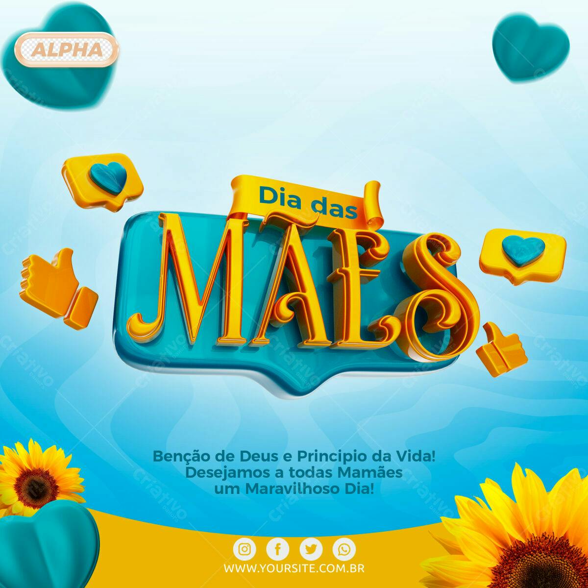 Selo 3D Dia das Mães dourado e azul