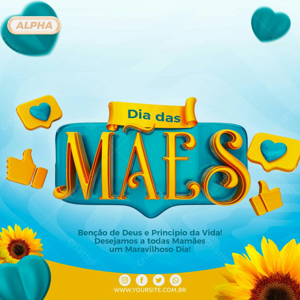 Selo 3D Dia das Mães dourado e azul turquesa