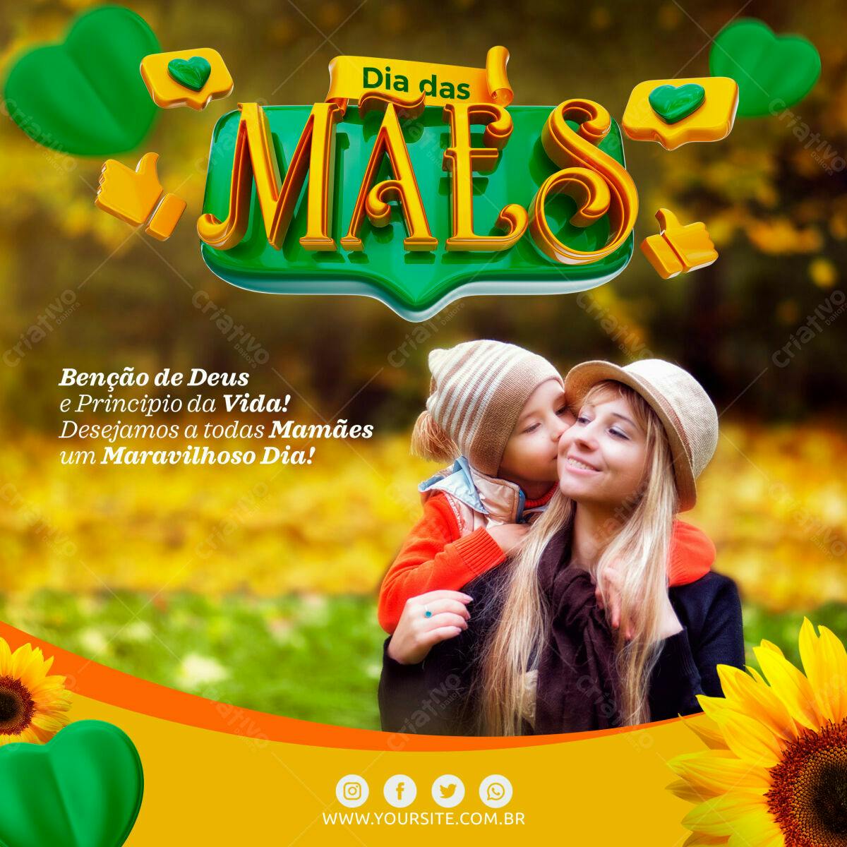 Selo 3D Dia das Mães dourado e verde