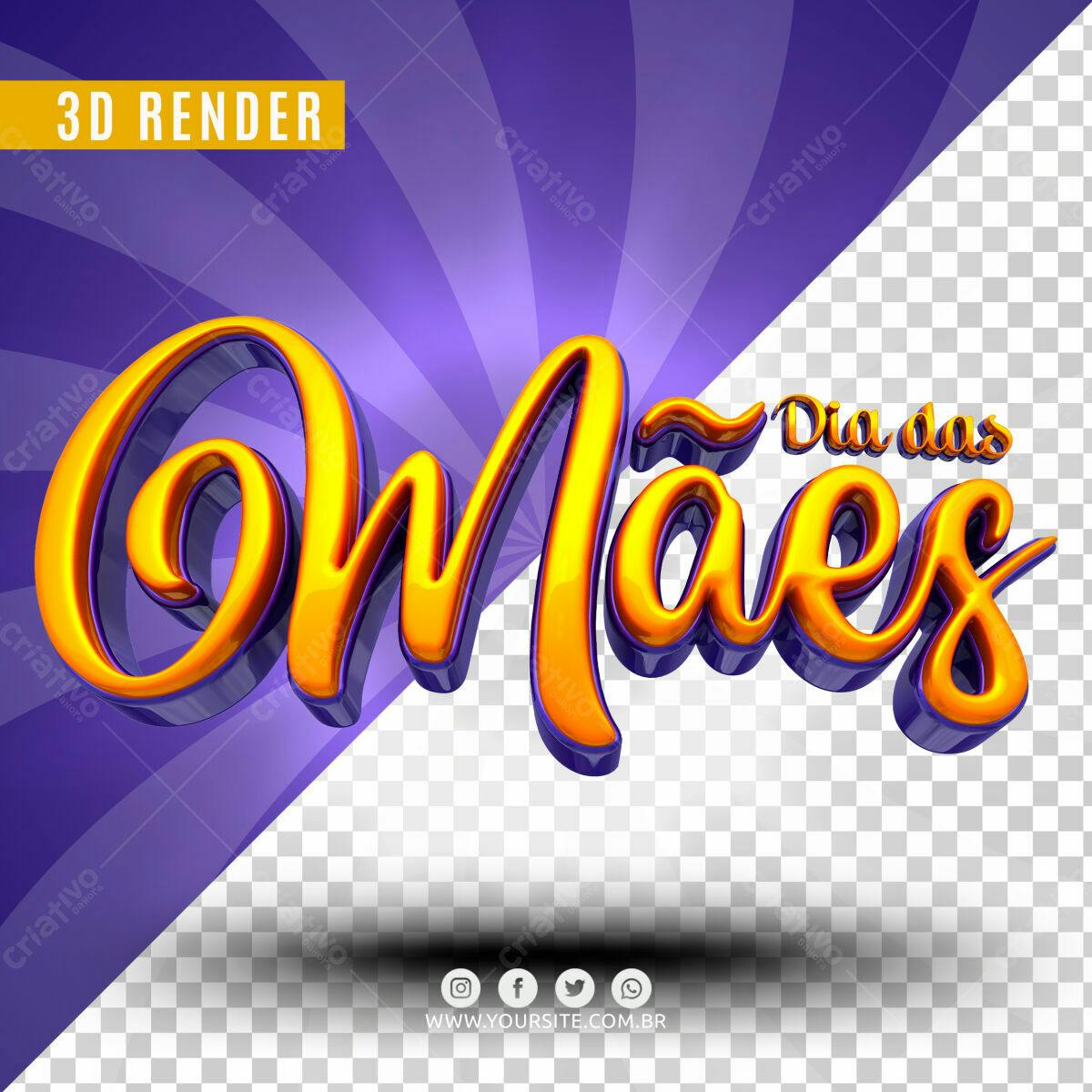 Selo 3D Dia das Mães dourado e roxo