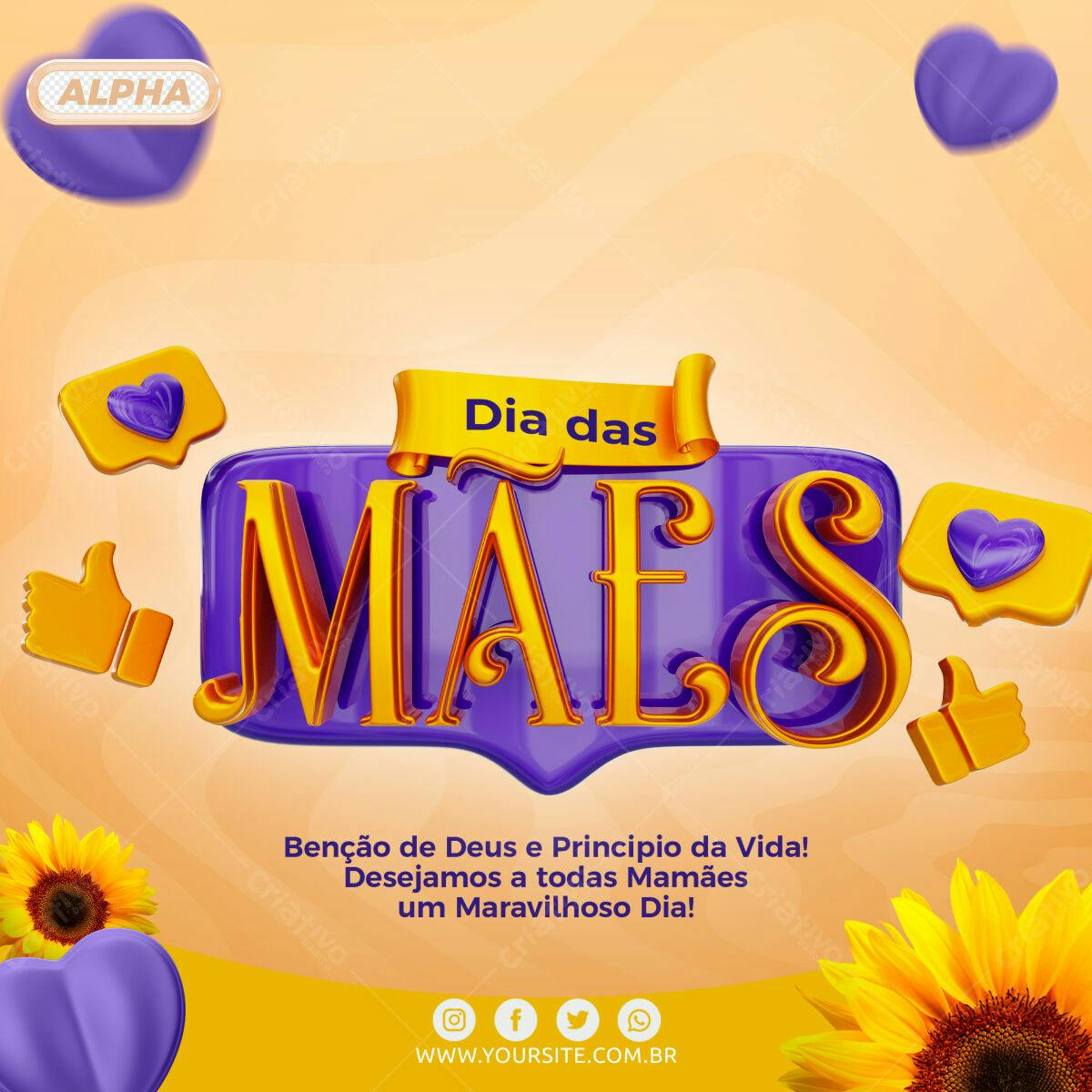 Selo 3D Dia das Mães roxo e dourado