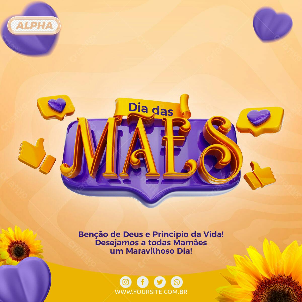 Selo 3D Dia das Mães roxo e dourado
