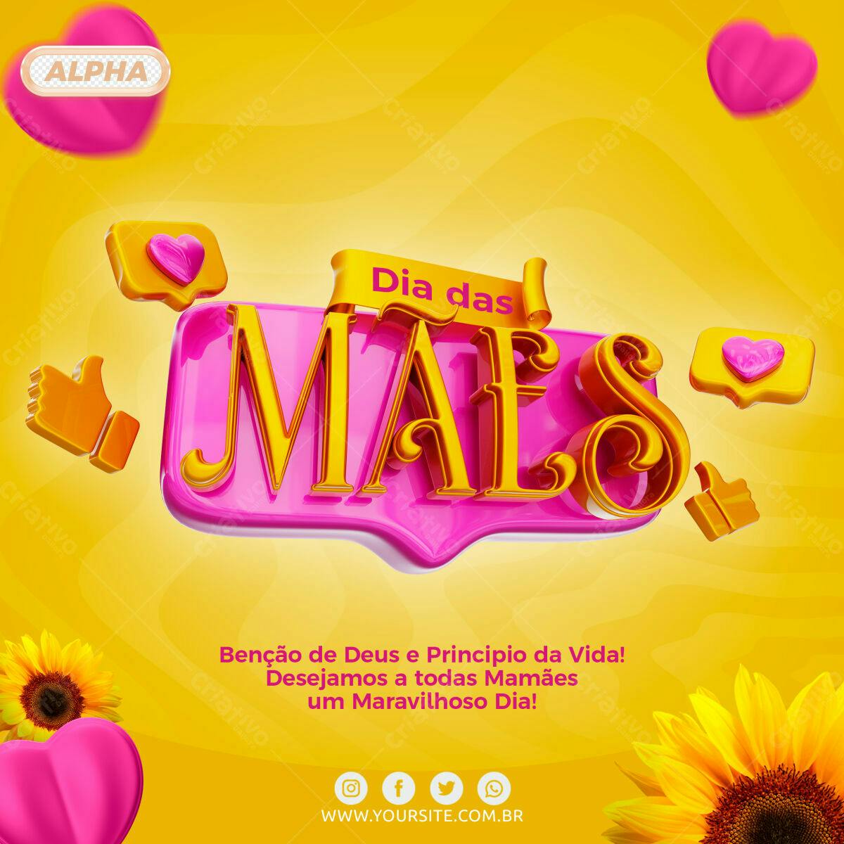 Selo 3D Dia das Mães rosa e dourado