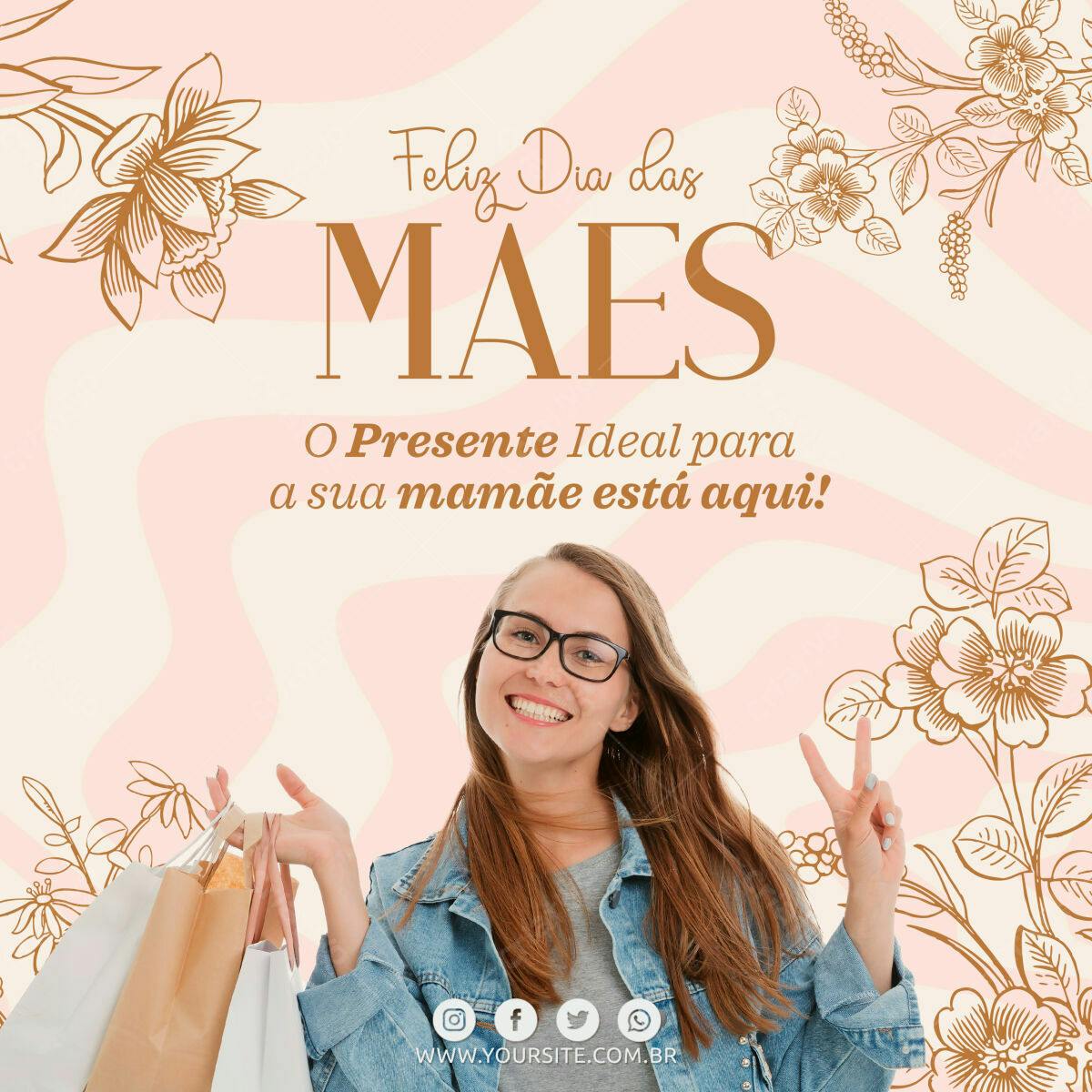 Selo 3D Dia das Mães dourado e rosa