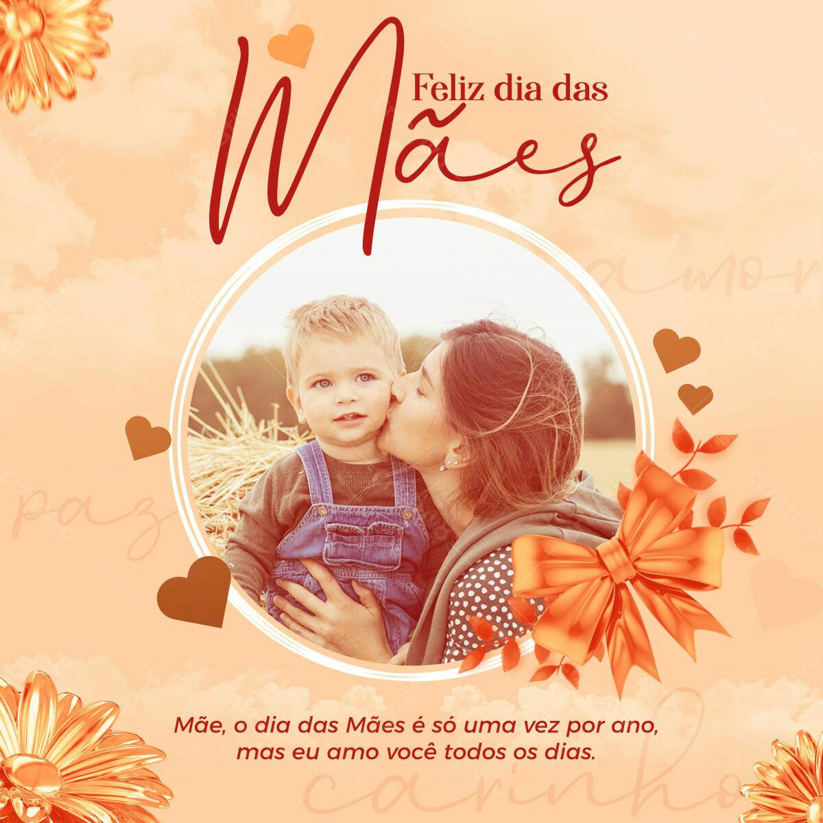Selo 3D Dia das Mães laranja e dourado