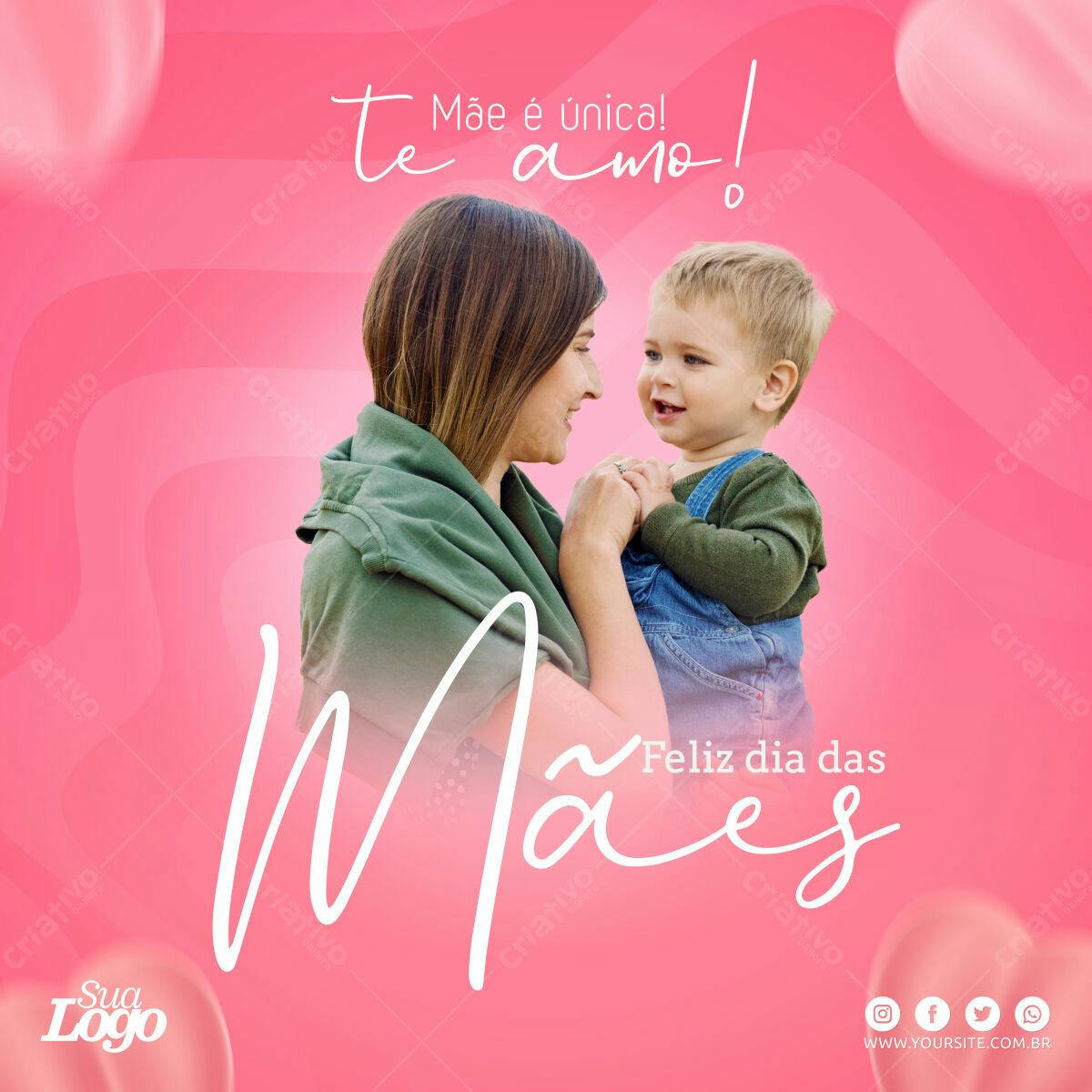 Selo 3D Dia das Mães rosa e verde