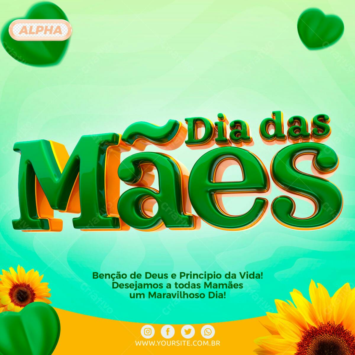 Selo 3D Dia das Mães verde e dourado brilhante