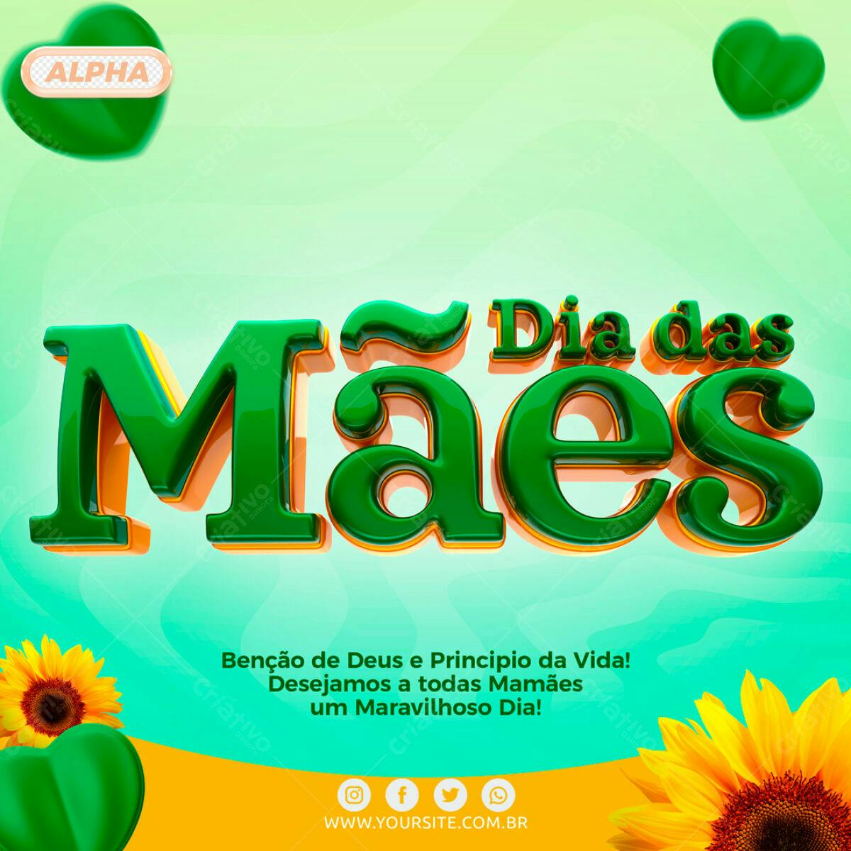 Selo 3D Dia das Mães verde e laranja brilhante