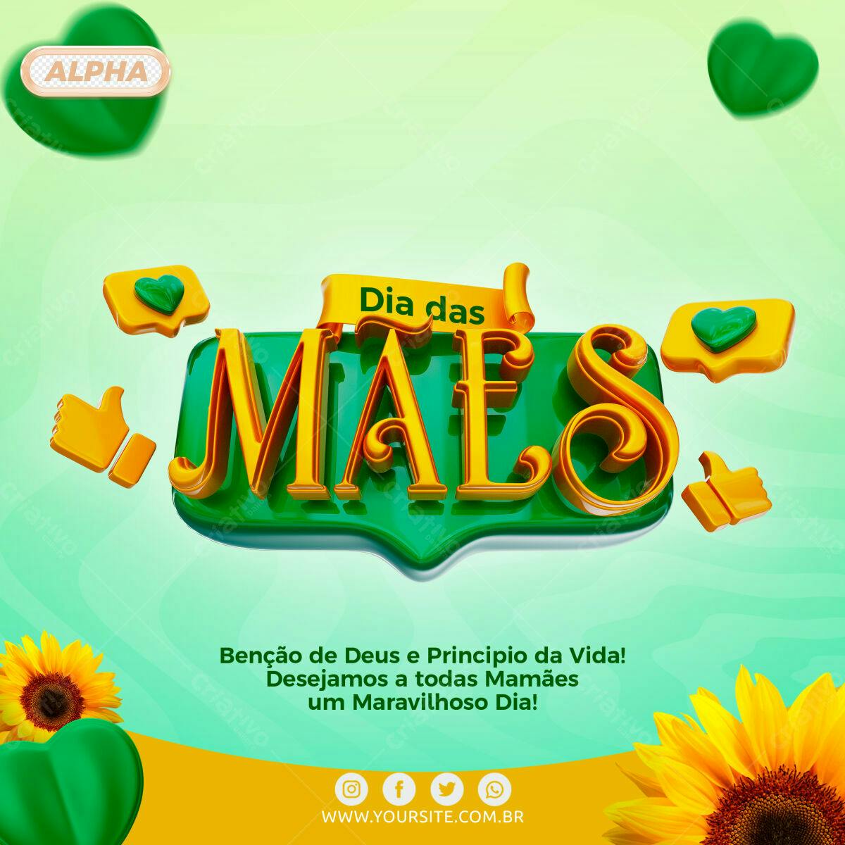 Selo 3D Dia das Mães dourado e verde