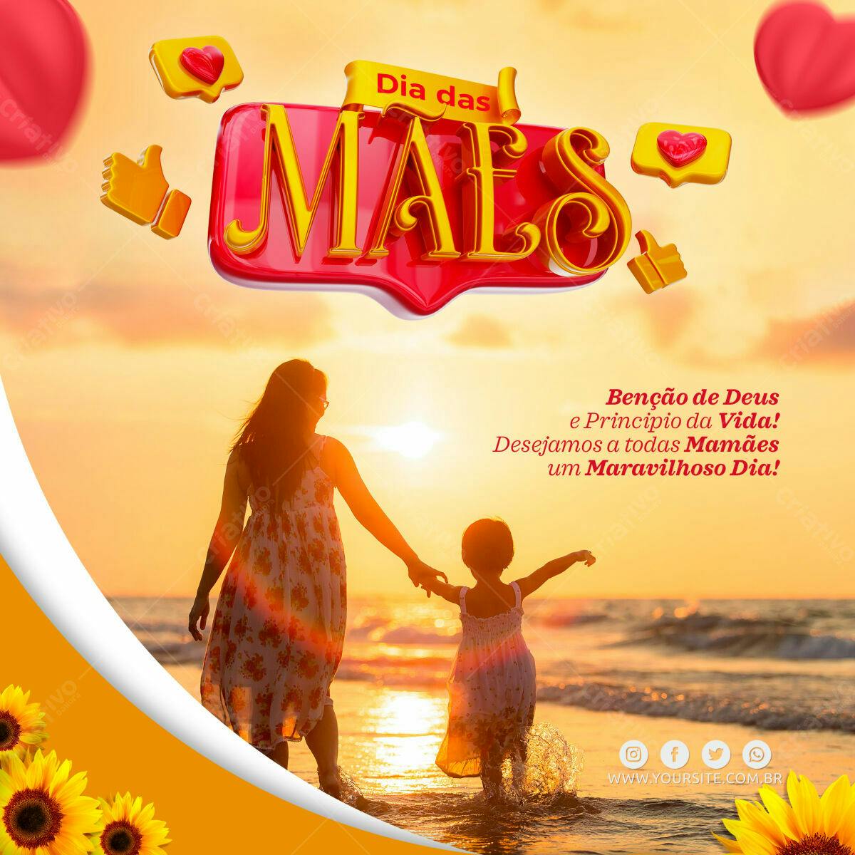 Selo 3D Dia das Mães Vermelho e Dourado