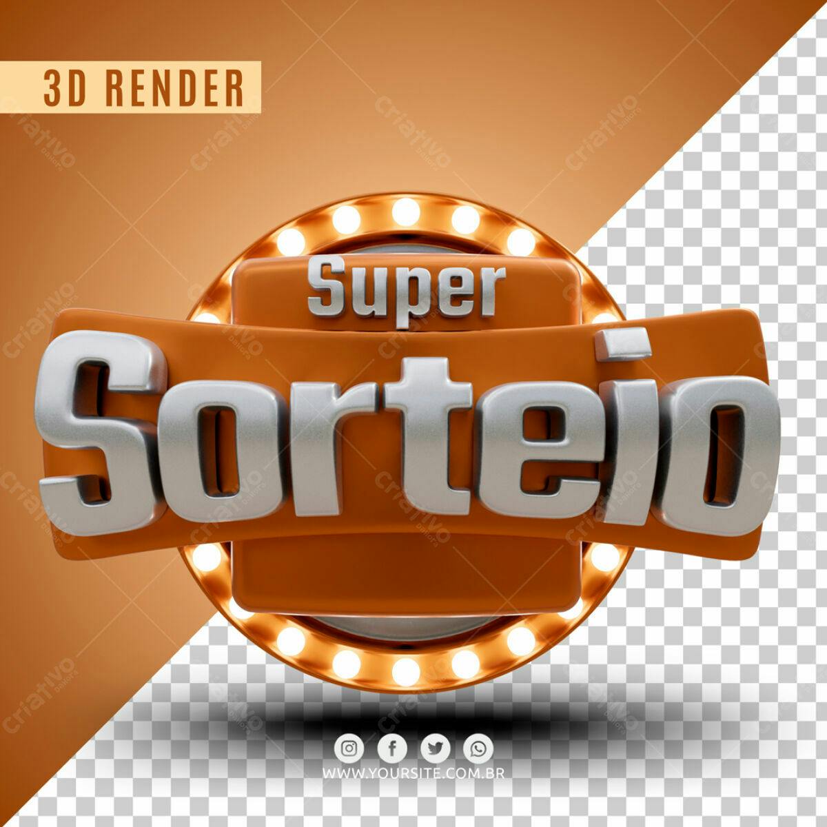 Selo 3D promocional laranja e prata Super Sorteio