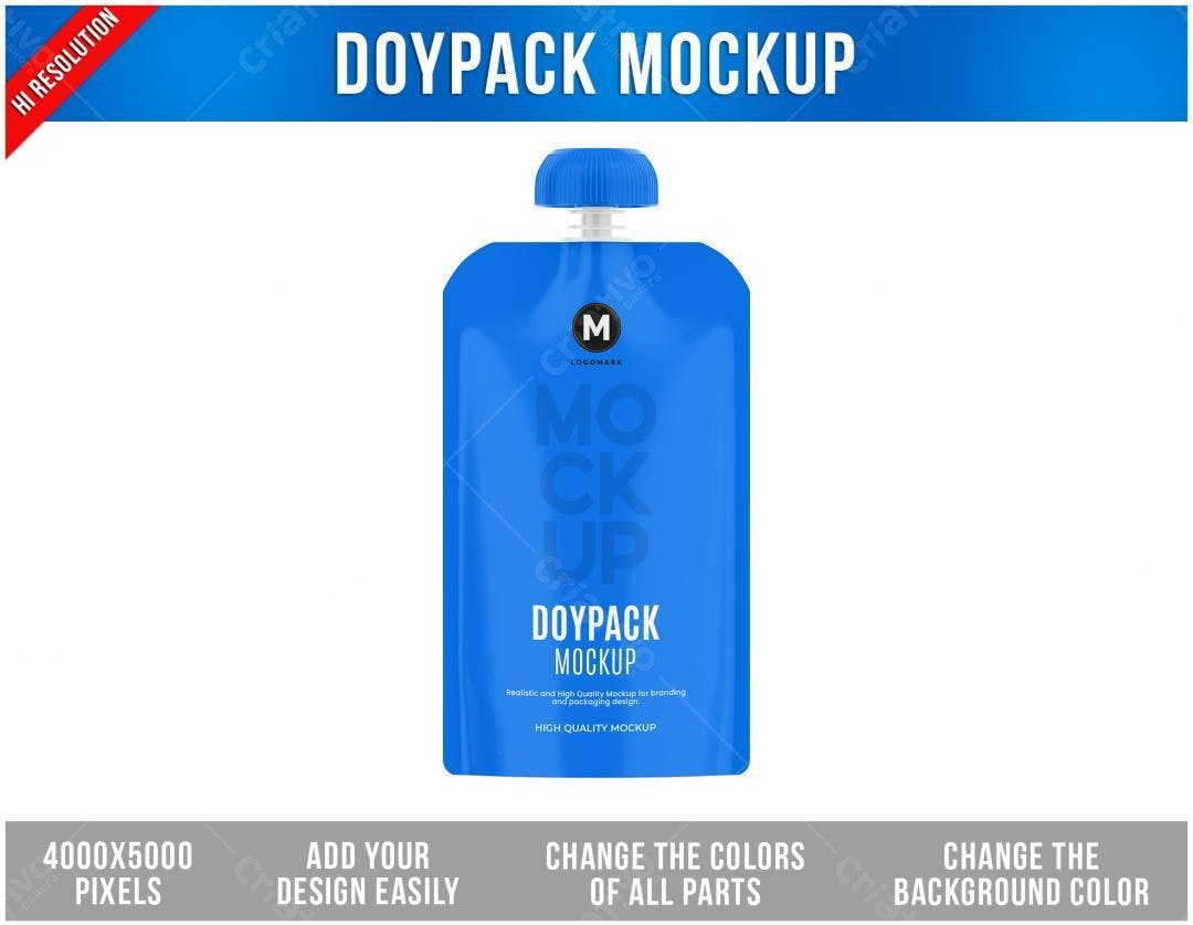 Mockup Embalagem Doypack Azul PSD Editável