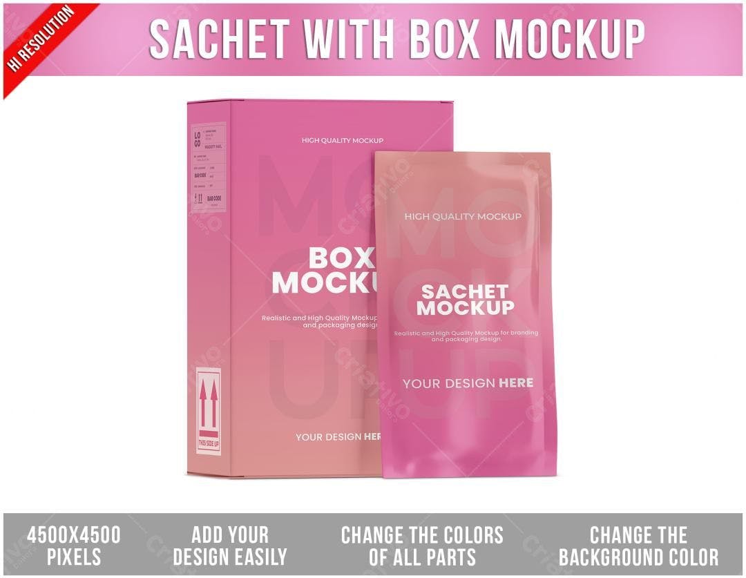 Mockup Realista: Embalagem de Sachê e Caixa Rosa
