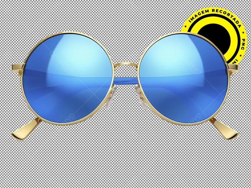óculos de sol, armação redonda e dourada, lente azul