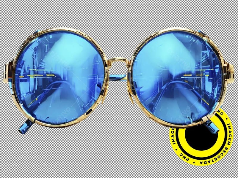 óculos de sol, armação redonda e dourada, lente azul