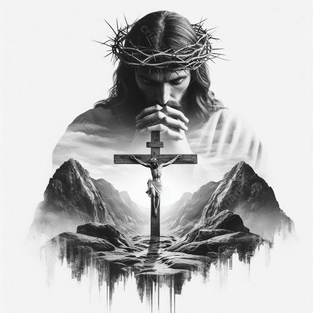 Jesus Cristo orando com cruz em paisagem montanhosa