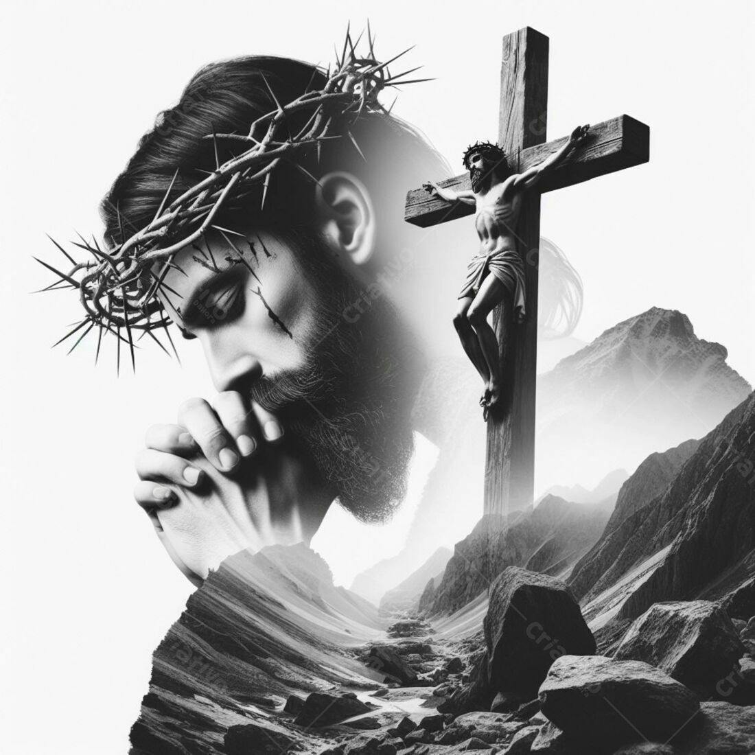 Jesus orando com coroa de espinhos e crucificação