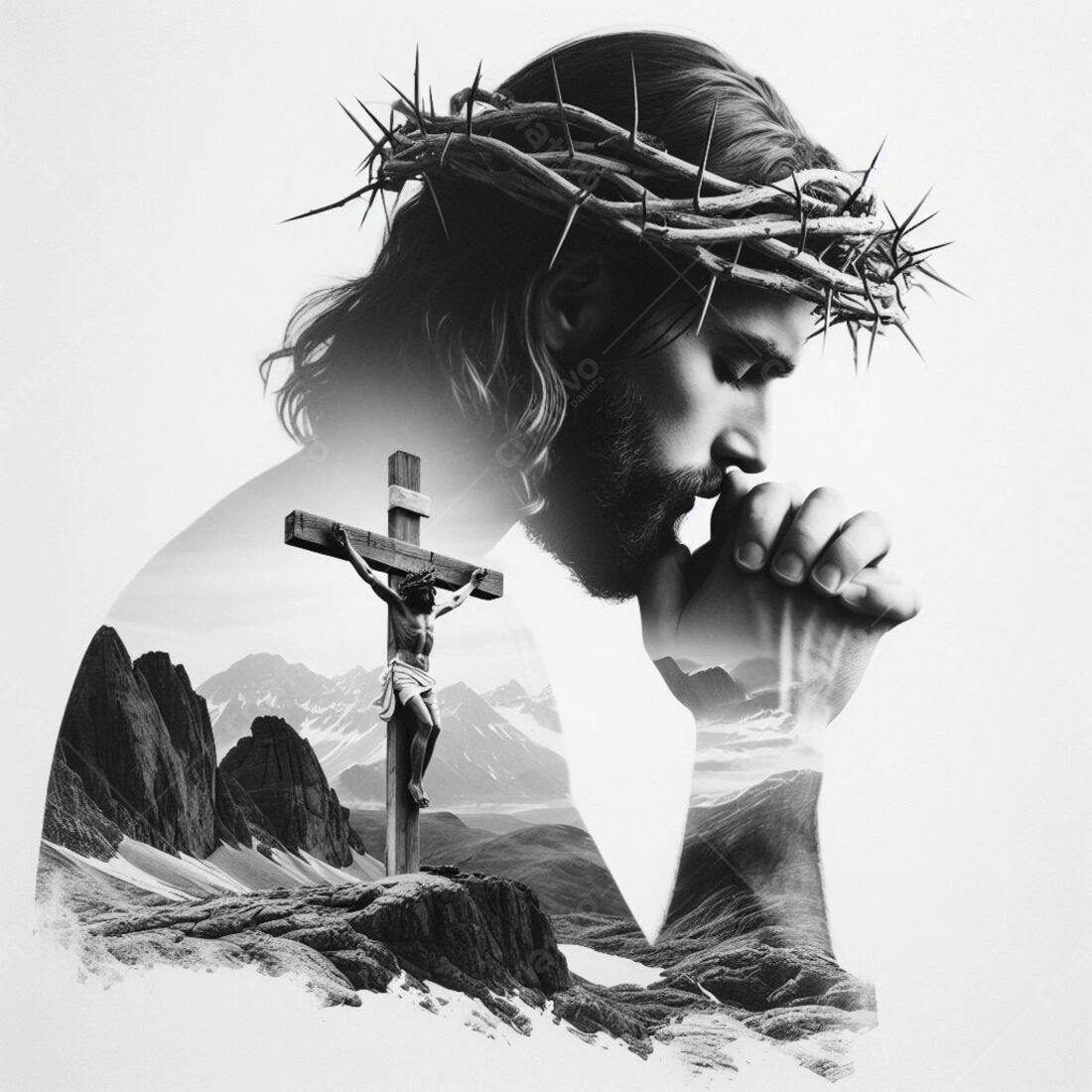 Jesus orando com coroa de espinhos e paisagem montanhosa