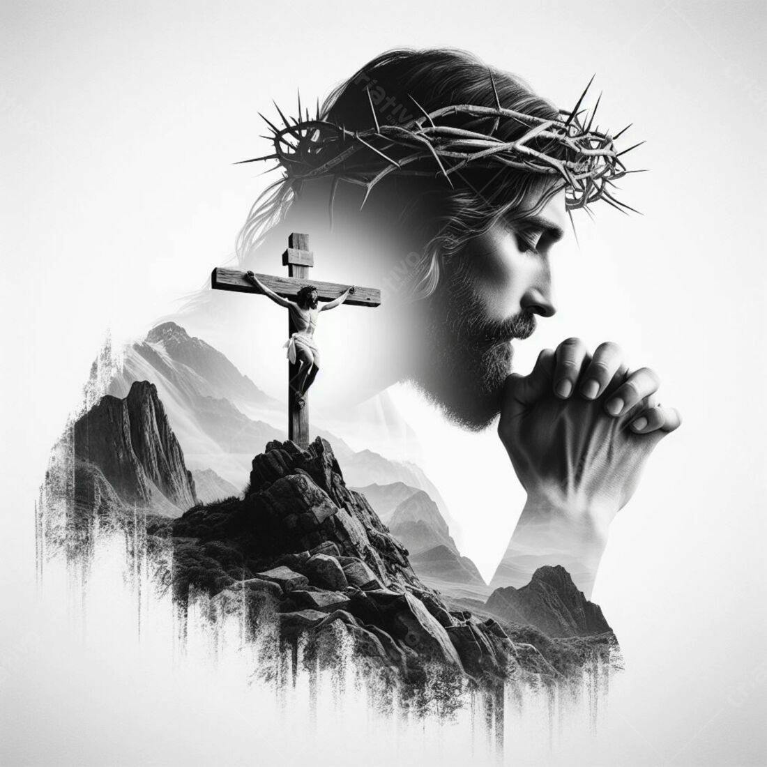 Jesus Cristo em oração com paisagem montanhosa
