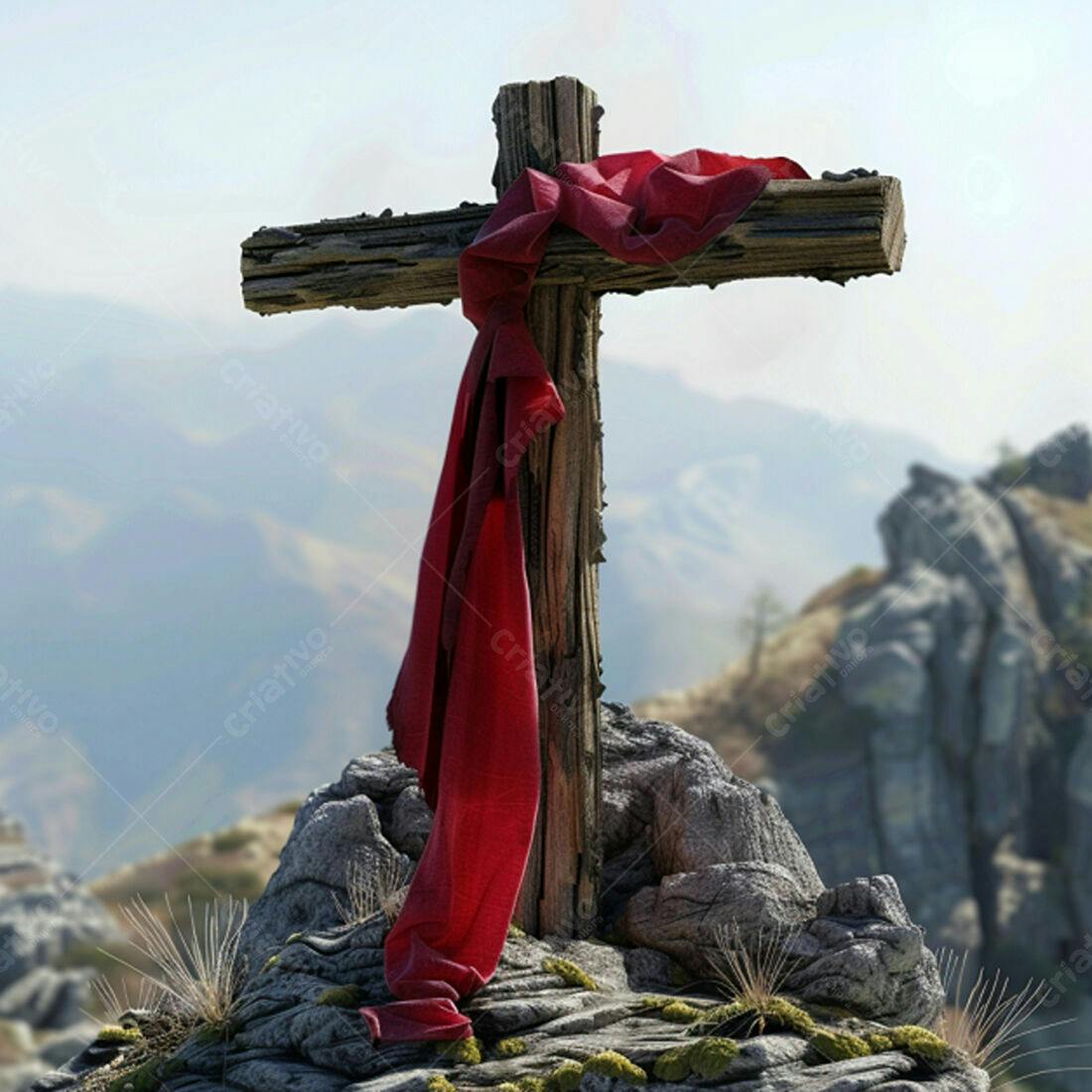 Cruz de madeira com tecido vermelho em montanha