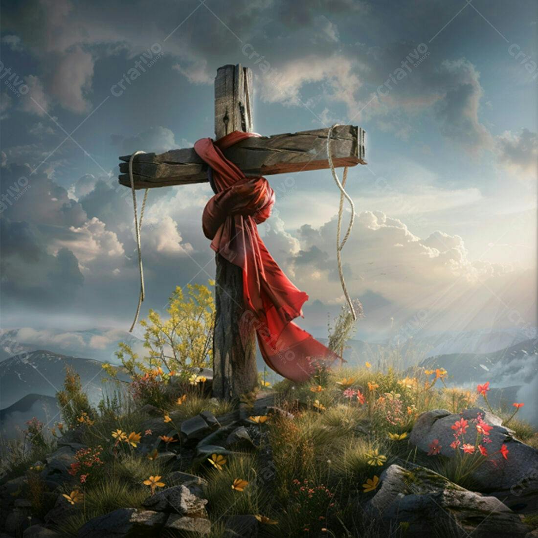 Cruz de madeira com tecido vermelho em montanha