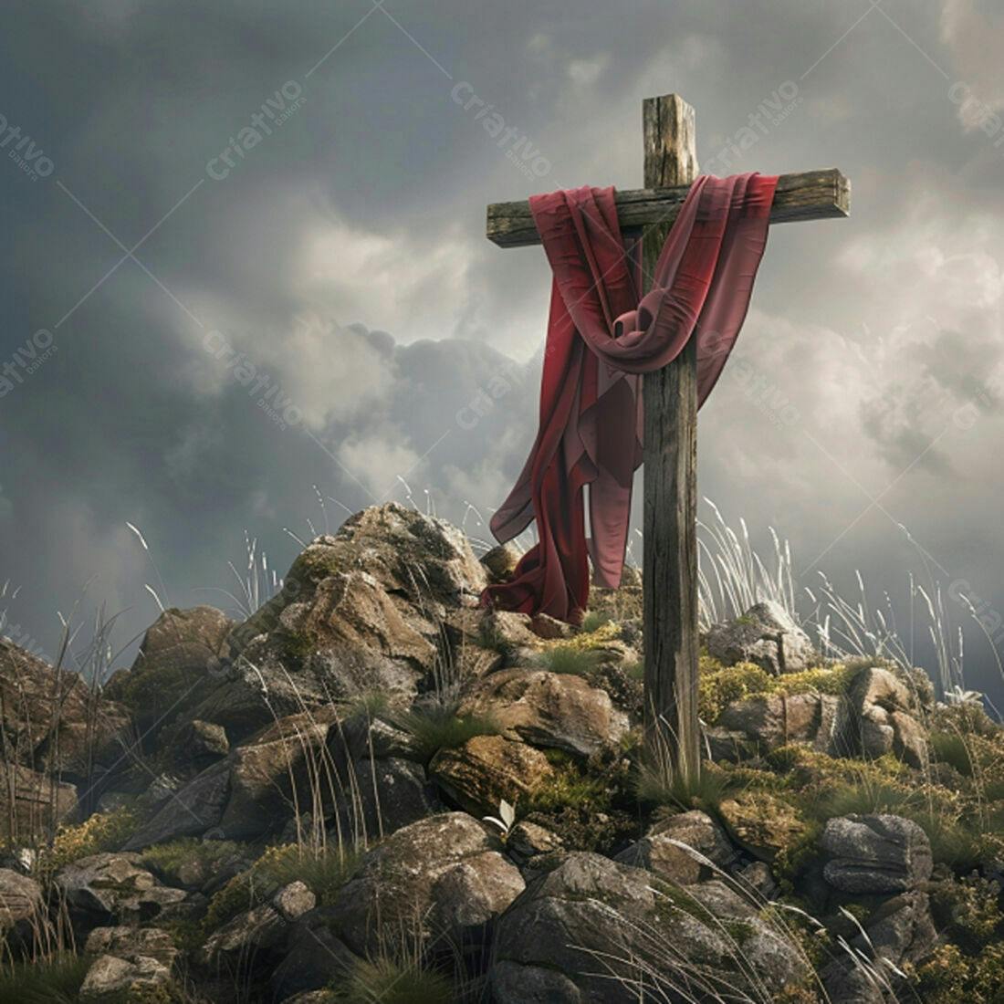Cruz de madeira com tecido vermelho em montanha rochosa
