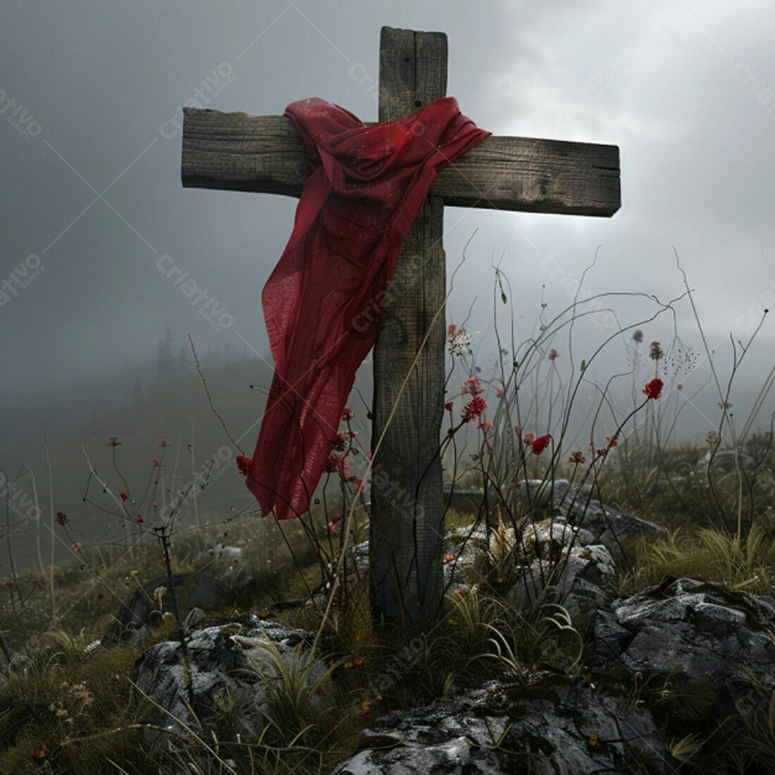 Cruz de madeira com tecido vermelho em cenário nebuloso