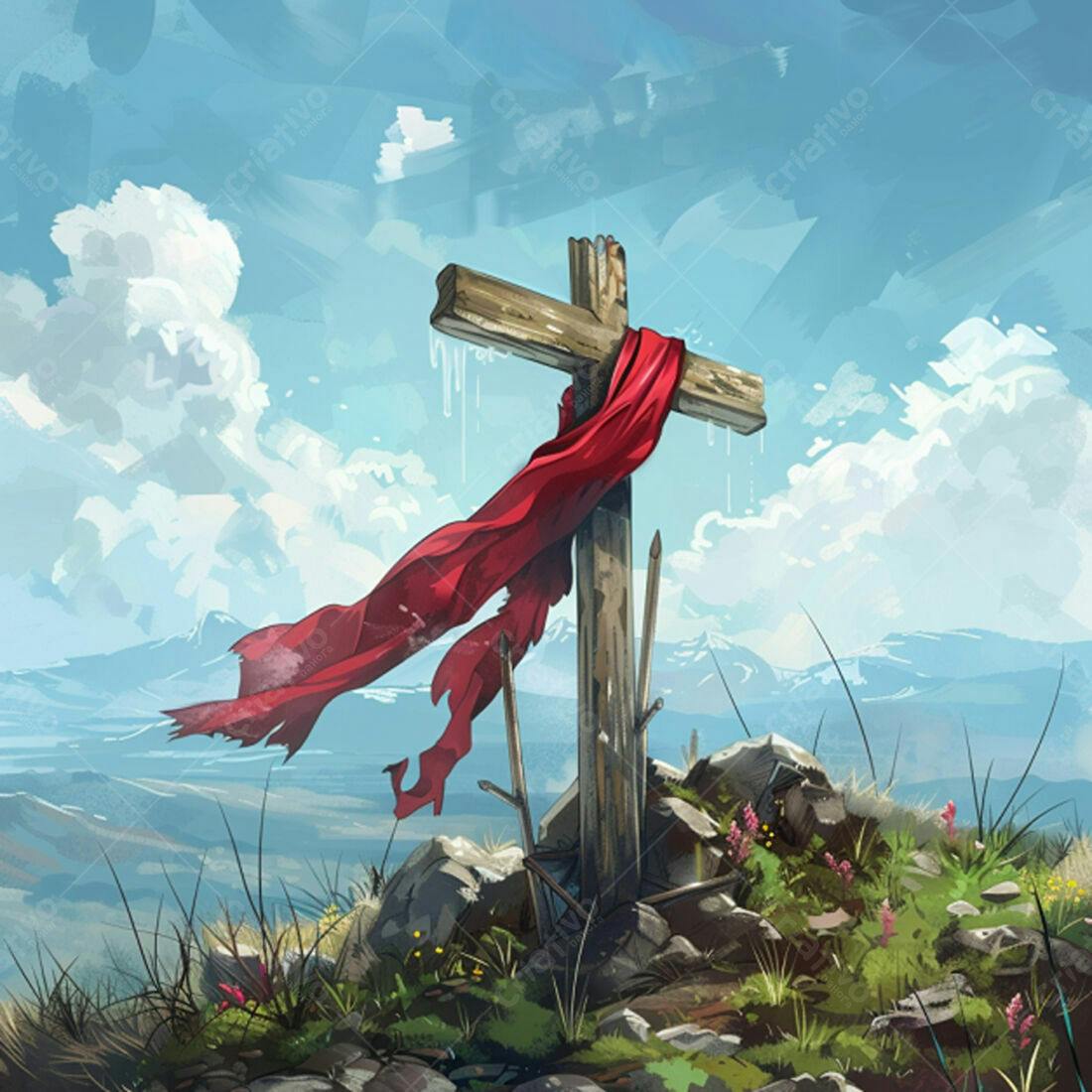 Cruz de madeira com tecido vermelho em montanha