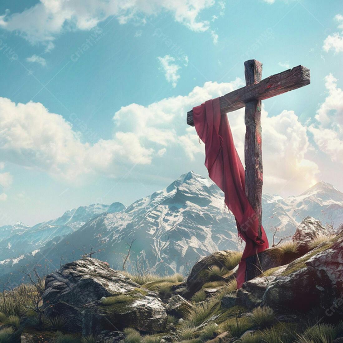 Cruz de madeira em montanha nevada