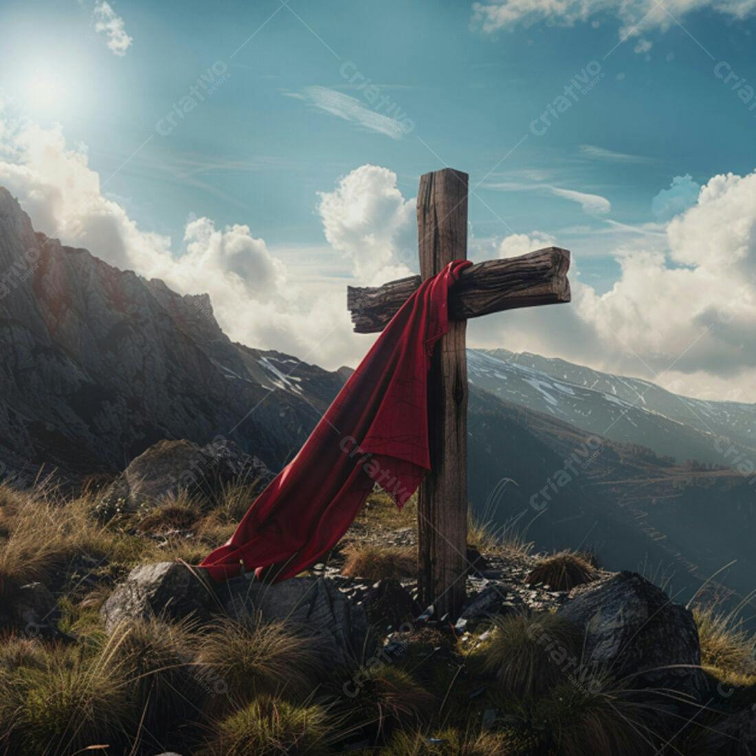 Cruz de madeira em montanha com tecido vermelho