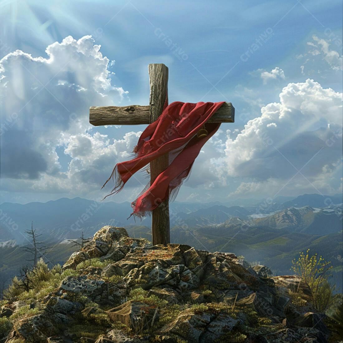 Cruz de madeira em montanha com tecido vermelho