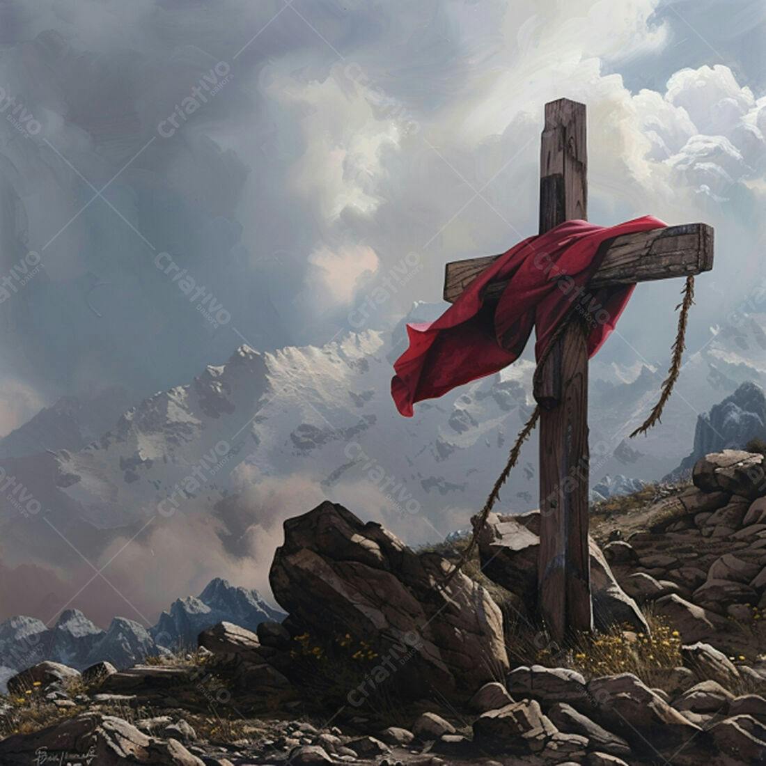 Cruz de madeira em montanha nevada