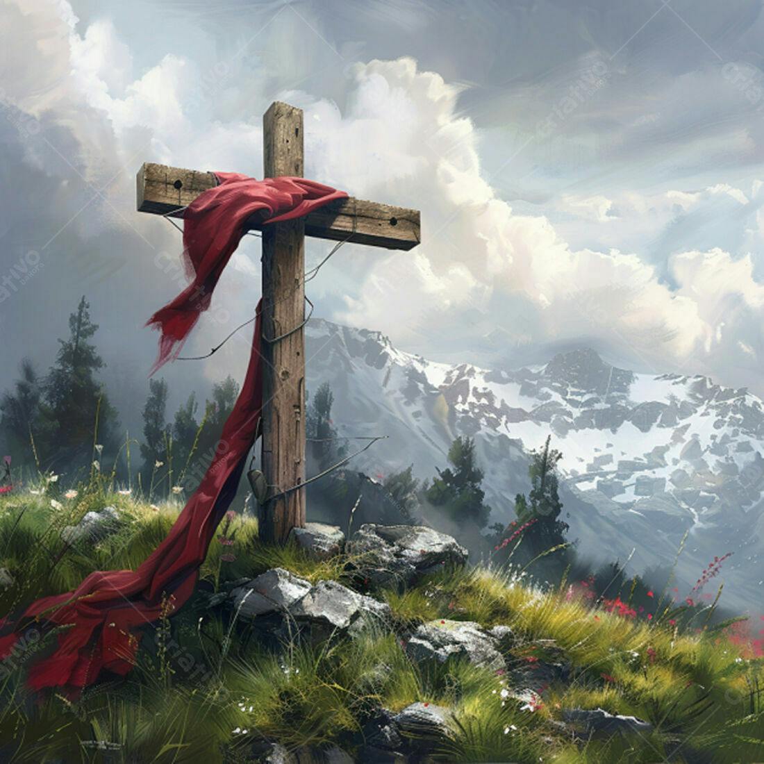Cruz de madeira em montanha nevada com tecido vermelho