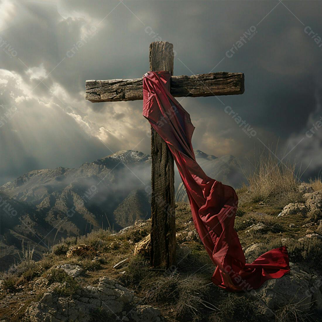 Cruz de madeira com pano vermelho em montanha