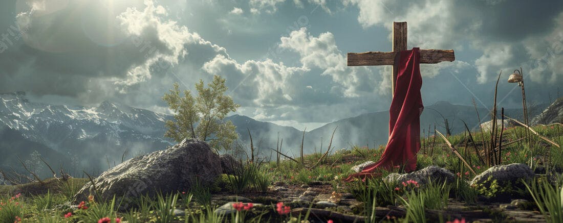 Cruz de madeira com tecido vermelho em paisagem montanhosa
