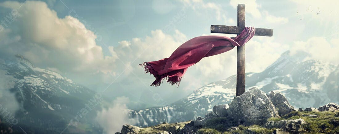 Cruz em Montanha com Tecido Vermelho ao Vento