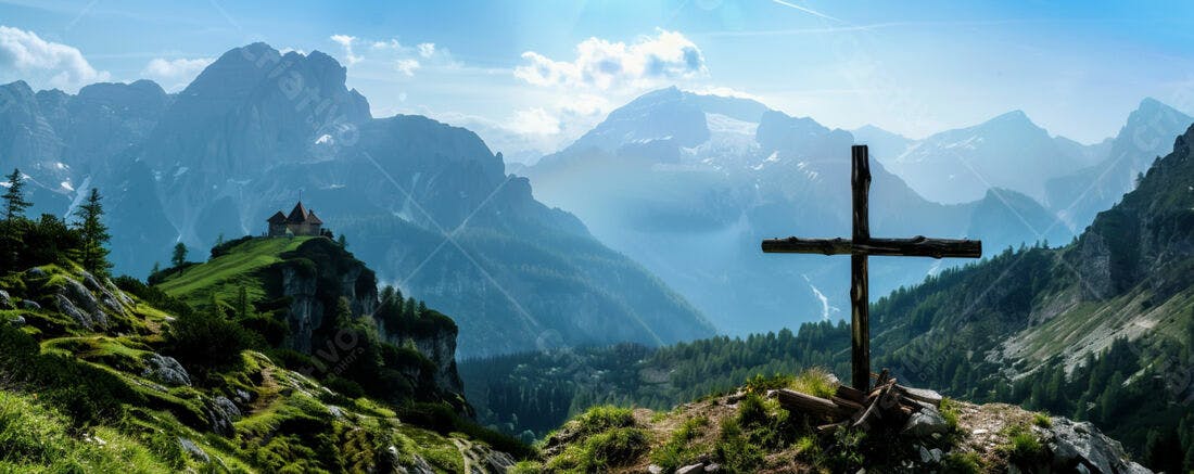 Cruz de madeira em paisagens montanhosas